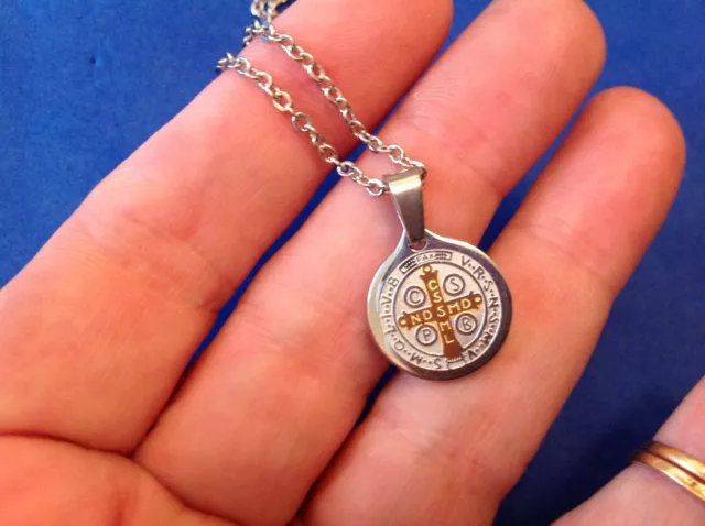St BENEDICT Medal Protection NECKLACE Saint Medal Two Tone Stainless Steel 18"
