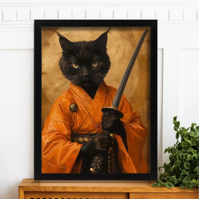 Samurai Cat Art Print Japanese Kimono Cat Decor Animal Wall Art Black Cat Print