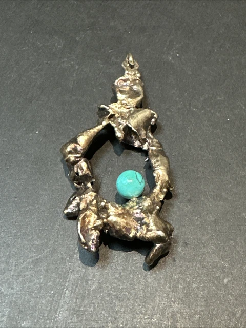 Pendentif En Argent Massif 925 Avec Turquoise - Style Moderniste, Occasion - Créateur Ancien