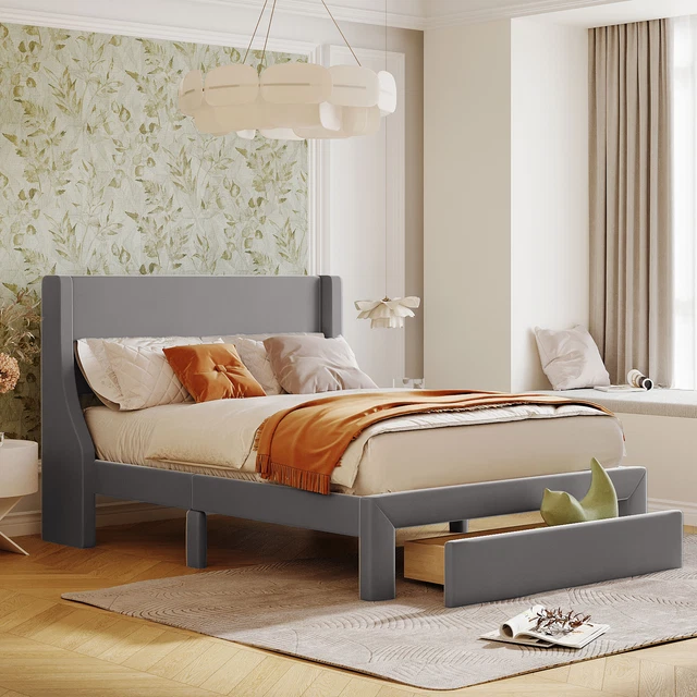 Merax Upholstered Velvet Platform Bed Frame Full Size Storage Bed with Drawer