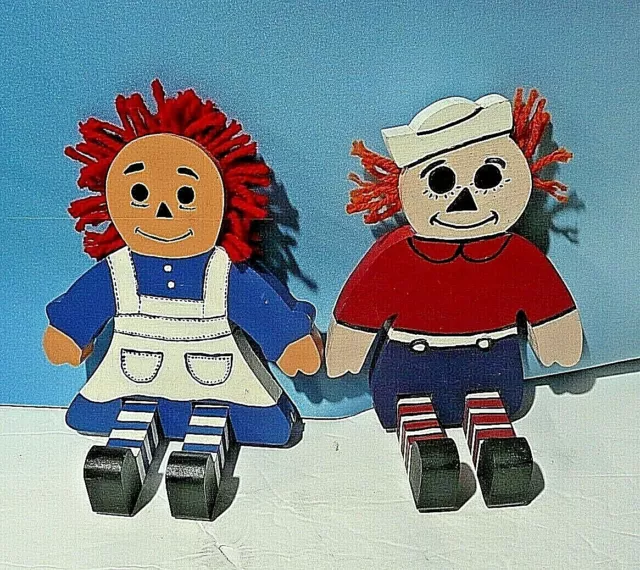 Hand-Made, Wooden Raggedy Ann and Andy, Hand-painted / 9 inches tall