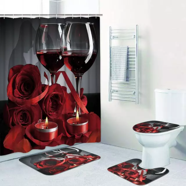 Shower Curtain Romantic Red Rose Flowers Wine Shower Curtain Sets Non-Slip Rug,