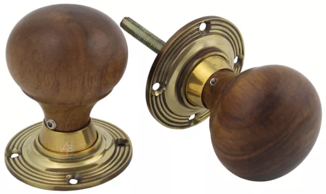 Wooden Round Door Knob Handle Set Aged Brass Hardwood Pair Victorian Style