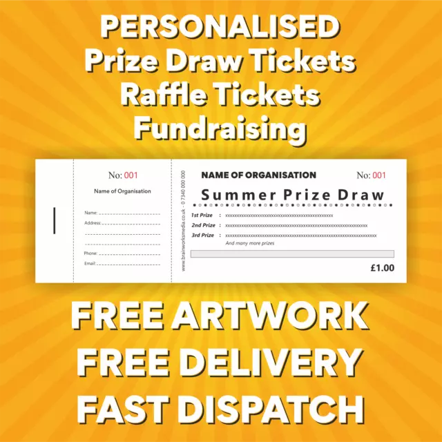 1000 Personalised Prize Draw Tickets - Raffle Tickets - Fundraising Free Artwork