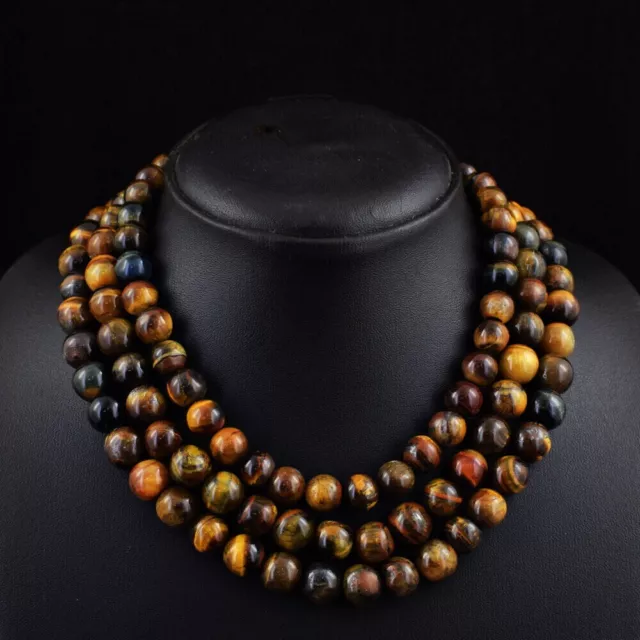 1039 Cts Natural 3 Strand Tiger Eye Round Shape Beads Womens Necklace JK 19E418