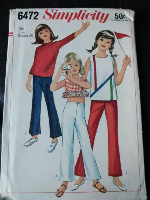 Vtg 1966 Simplicity Girl's Sewing Pattern 6472 Size 7 UC FF   Top & Bell Bottoms