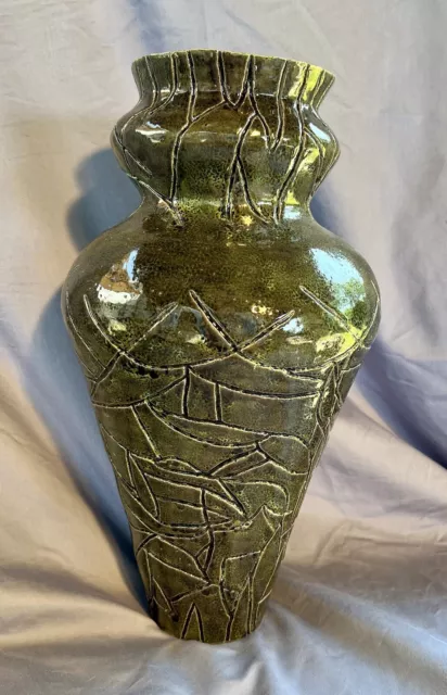 Large Decorative Pottery Vase Handmade Green Hand Carved/Etched Abstract Design