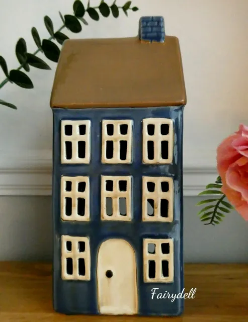 Pottery Village Tea Light Candle House 3 Storey Tall Navy & Cream ~ Smart Decor