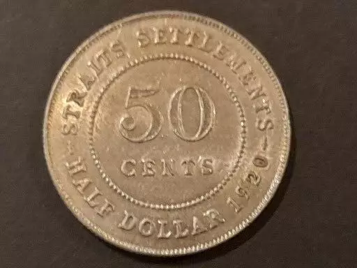 1920 Unc. 50C Fifty Cents Straits Settlement King George V Silver Coin