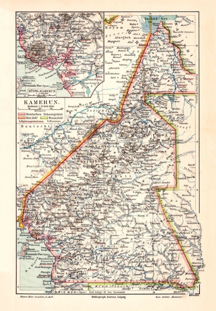 Kamerun historische Landkarte Lithographie ca. 1905 antike Karte Geographie