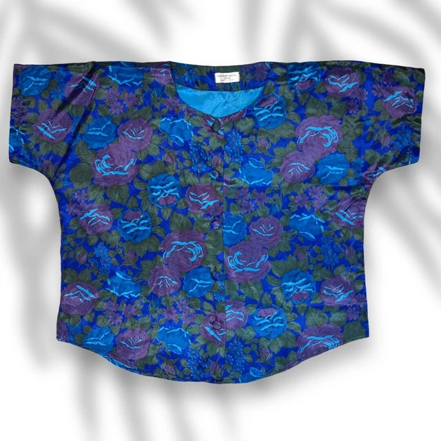 Size Xl Champagne Silk Thailand Button Up Blue Floral Blouse Short Top Womens