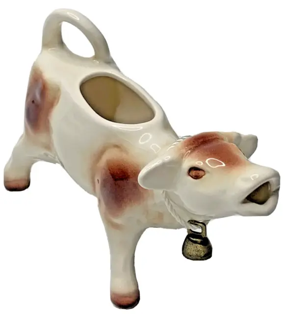 Vintage MCM 1960s Stamped West Germany Porcelain Dairy Cow Creamer With Cowbell