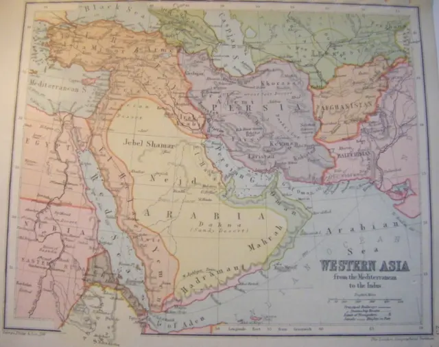 Antique Western Asia Map c1897 (from the Mediterranean to the Indus.)