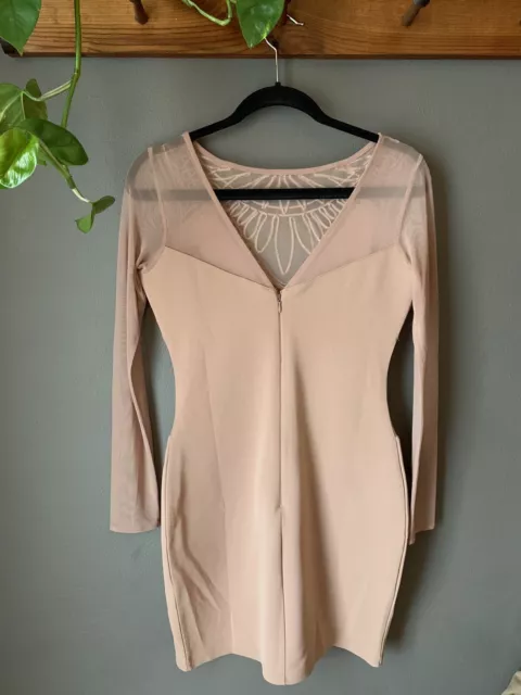 Lipsy London Long Sleeve Cornelli Lace Bodycon Dress Blush Nude Sheer Size 12 2