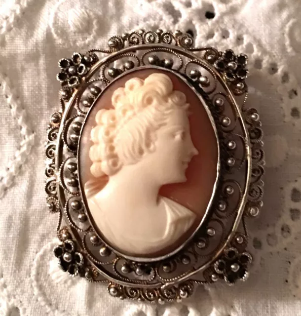 Antique Cameo Brooch Portrait 800 Sterling Silver Pendant Floral 3