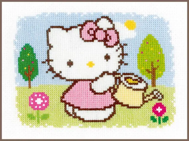 Vervaco counted cross stitch kit "Hello Kitty Spring", 18x13cm, DIY