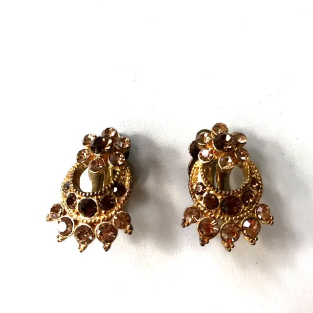 Vintage Clip On Earrings Brown  Faceted Glass Gold Tone Costume Jewellery 2.5cm