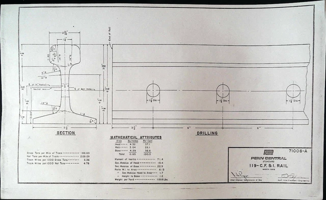 PENN CENTRAL RAILROAD Plans Drawings 119 LB Rail and Tie Plate 1968 £10 ...