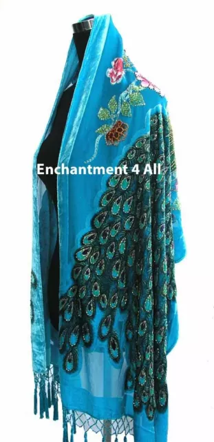 Handmade Beaded 100% Silk Velvet 2-Peacock Scarf Shawl, Turquoise