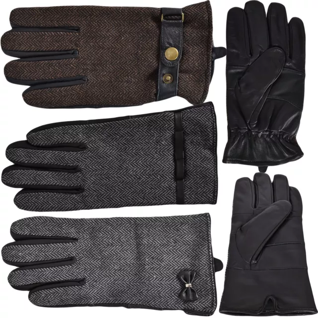 Tweed Gloves Mens Womens Leather Driving Warm Soft Cosy Feel Winter Fashion Gift