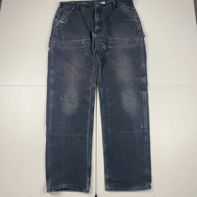Vintage Carhartt Faded Distressed Double Knee Work Pants Black Measure 35x33