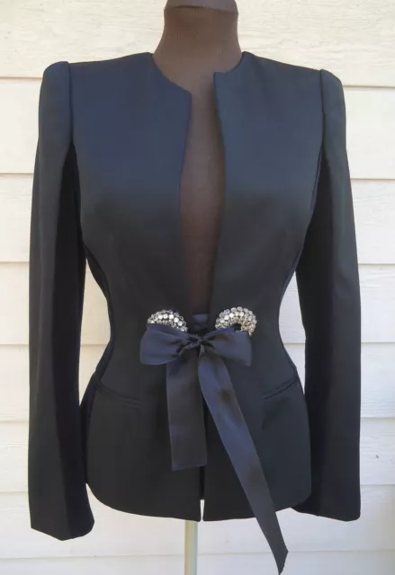 NEW $3095 Alexander McQueen 40 4 Black Wool Velvet-Insert Ribbon-Detail Jacket