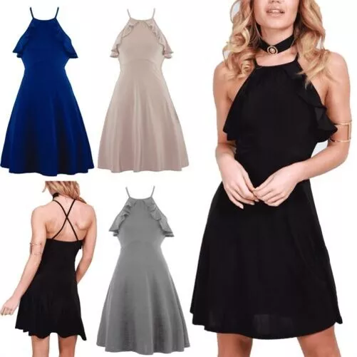 Donna Peplo con Bretelline Canotta collo senza Maniche Swing Skater Mini Abito