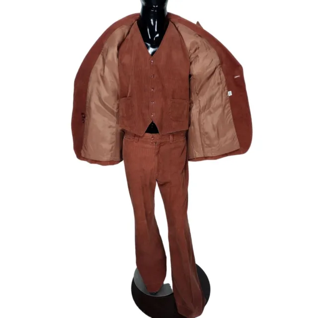 Vintage 70s Scotts Grey LTD Corduroy 3 Pc Set Bell Bottom Pants Vest Blazer Suit
