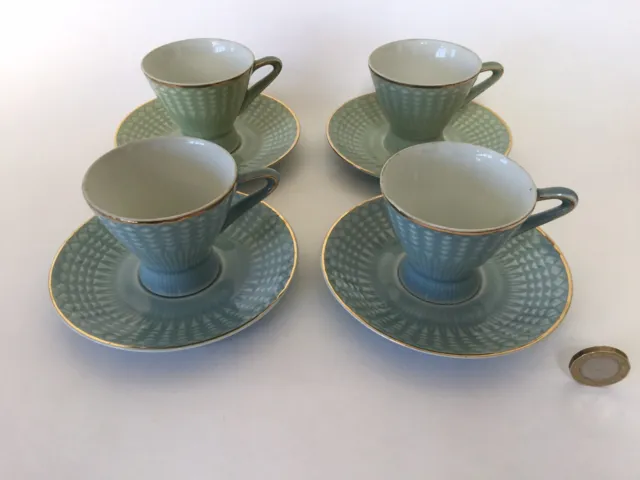 Set of 4 Lovely Porcelain Coffee Cups & Saucers, Very Elegant Mid Century Modern