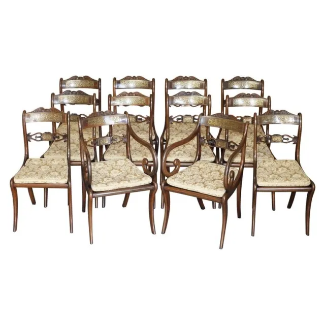 12 Important John Gee 1779-1824 Original Regency Rosewood & Brass Dining Chairs