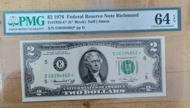 1976 *Star Note* $2 Richmond Note Federal Reserve Fr 1935-E* PMG 64 EPQ