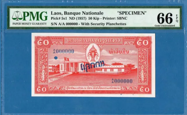 Laos, 50 Kip, 1957, 000000 Specimen, Gem UNC-PMG66EPQ, P5s1