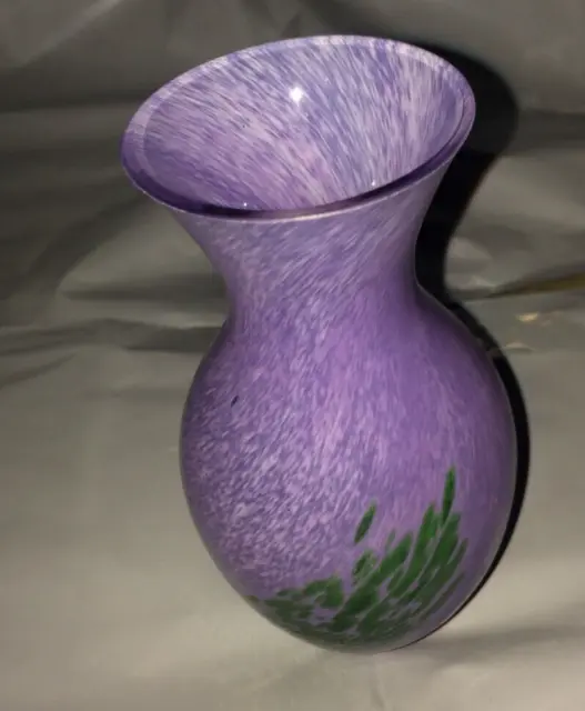 Purple glass vase glazed with leaves VG height 13cm