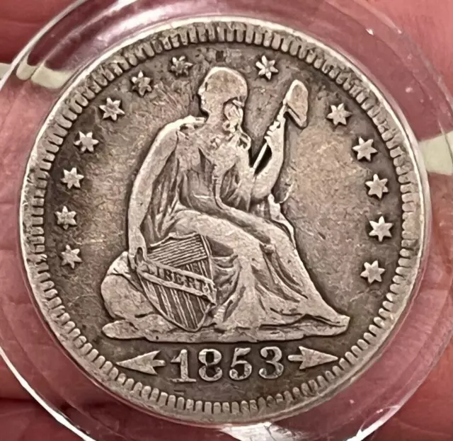 1853 Arrows and Rays Seated Liberty Silver Quarter Problem Free Original F - VF