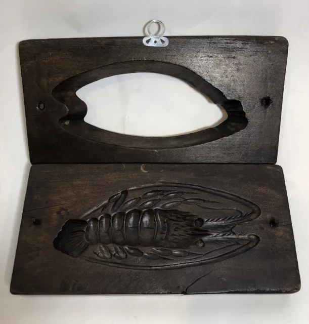 Primitive Japanese Hand Carved Butter Mold Prawn Shrimp 2pc Detailed Antique 8x4