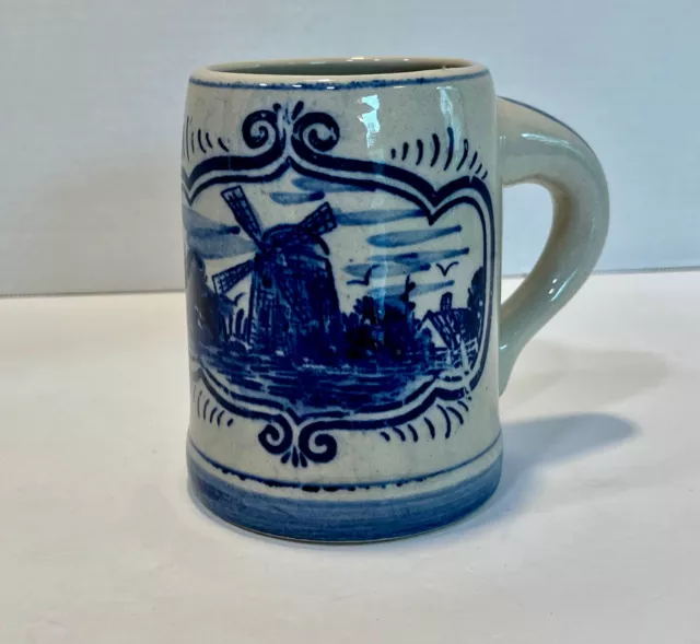 Mug Stoneware Coffee Cup Stein Windmill & Flower Design Blue & Gray Vintage 1984