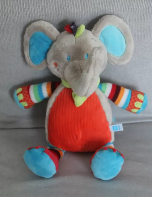 doudou peluche éléphant gris rouge bleu...28cm tex  état neuf