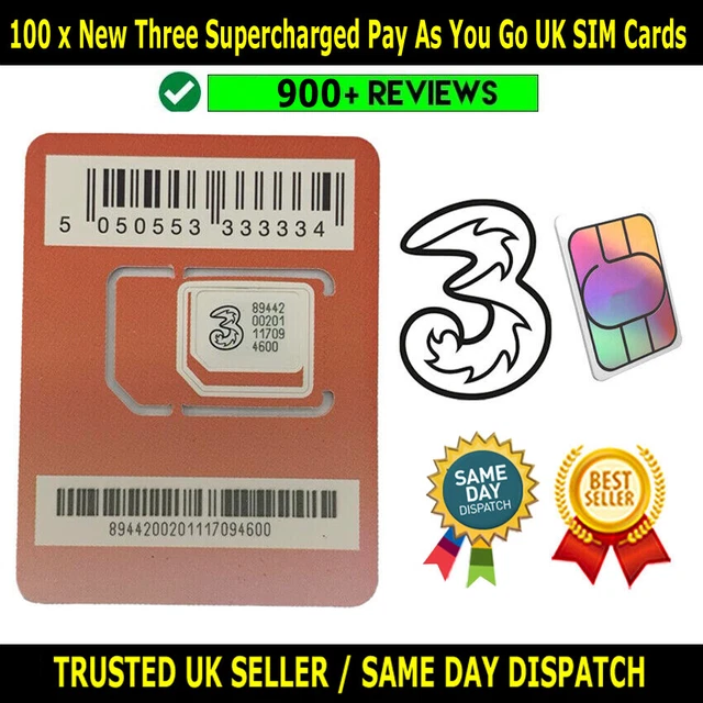 100 X NEW Three Supercharged Pay As You Go 5G UK Sim Cards Bulk