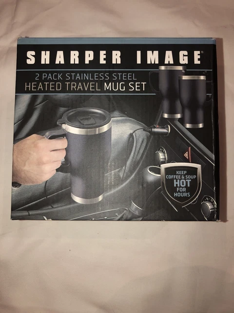 Heated Travel Mug Stainless Steel 2 Pack No Spill Lids Power Supply New Sharper