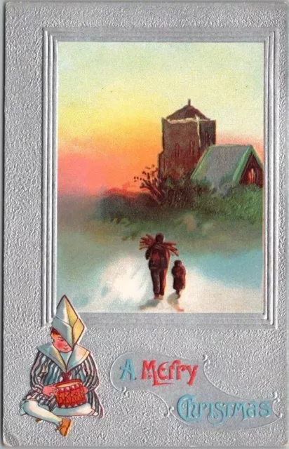 Vintage MERRY CHRISTMAS Embossed Postcard Winter Church Scene c1910s