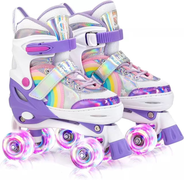 SULIFEEL Rainbow Unicorn 4 Size Adjustable Light up Roller Skates for Girls Boys