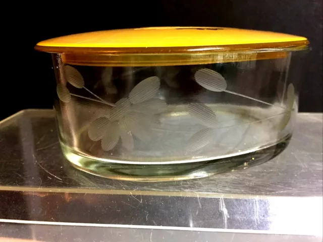 Art Deco Oval Vanity Dresser Powder Jar Pearlized Bakelite Lid , etched cut base 2