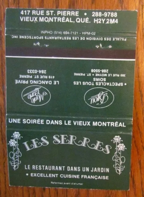 Restaurant 40 Strikes Matchbook Matchcover: Les Serres (Montreal, Quebec) -E9