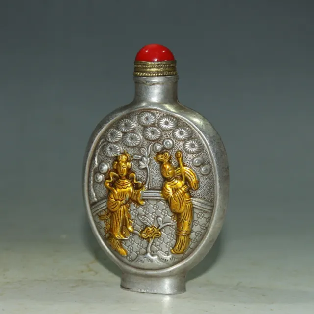 A Fine Chinese Collectible Tibetan Silver-gilt Beauty Snuff Bottle