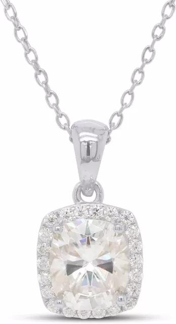 1.50ct Cushion Cut Lab Created Moissanite Halo Pendant Necklace Sterling Silver