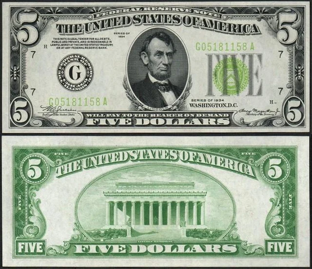 $5 1934 BEAUTIFUL GEM UNC *LIGHT GREEN SEAL* CHICAGO Federal Reserve Note!
