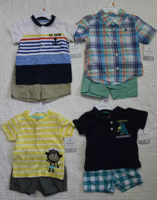 New Baby Boys Carters 2 Piece Button Shirt Shorts Monkey Parrot Ss Cutie Plaid