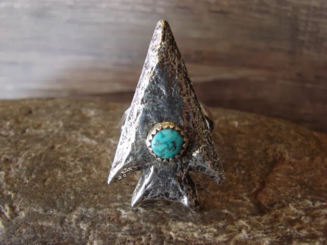 Navajo Sand Cast Sterling Silver Turquoise Arrowhead Ring Signed by Johnson -...