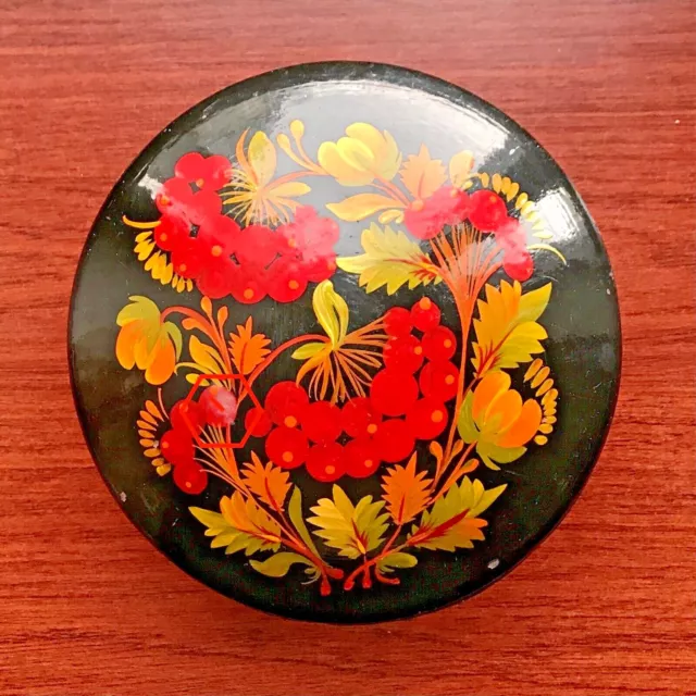 Vintage Black Soviet Ukrainian Lacquer Pill Round Trinket Box Hand Painted Gold