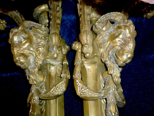 Two Fantastic Antique French Solid Bronze/ Brass Sconces Ram Heads Satin Roses